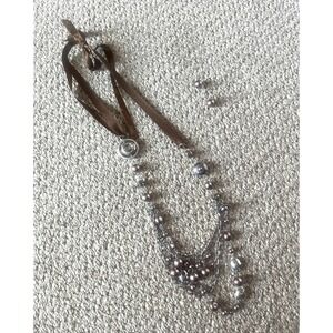 Paparazzi Jewelry Necklace &‎ Earrings Set Brown Ribbon & Silver Multi Chain